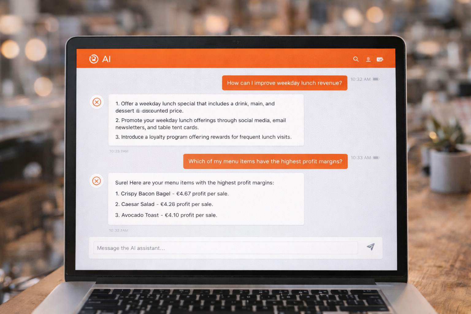 NibbleAI chat interface on a laptop showing menu insights and profit margin recommendations
