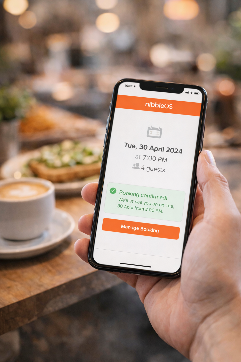 Guest holding a phone showing a confirmed NibbleOS booking for 4 guests in a restaurant setting