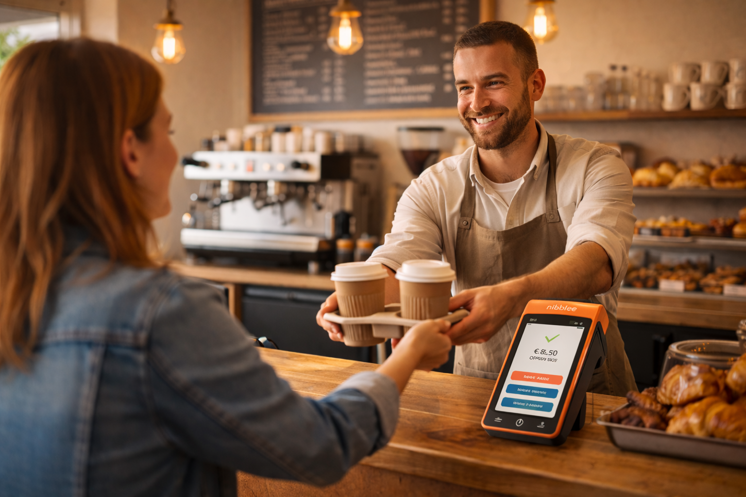 Coffee shop barista handing coffees to a customer with a payment terminal on the counter