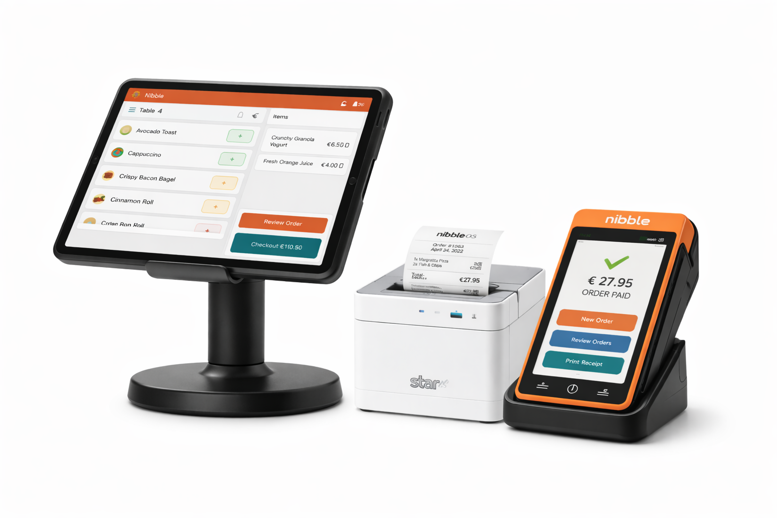 NibbleOS counter setup: iPad on stand running NibblePOS, Star receipt printer, and Stripe payment terminal