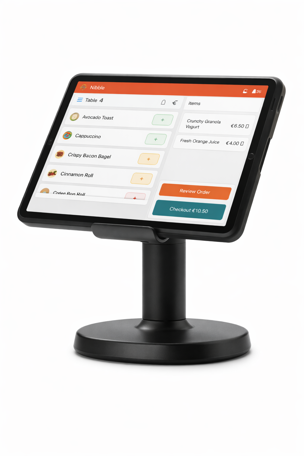 iPad on stand running NibblePOS with order items and checkout button
