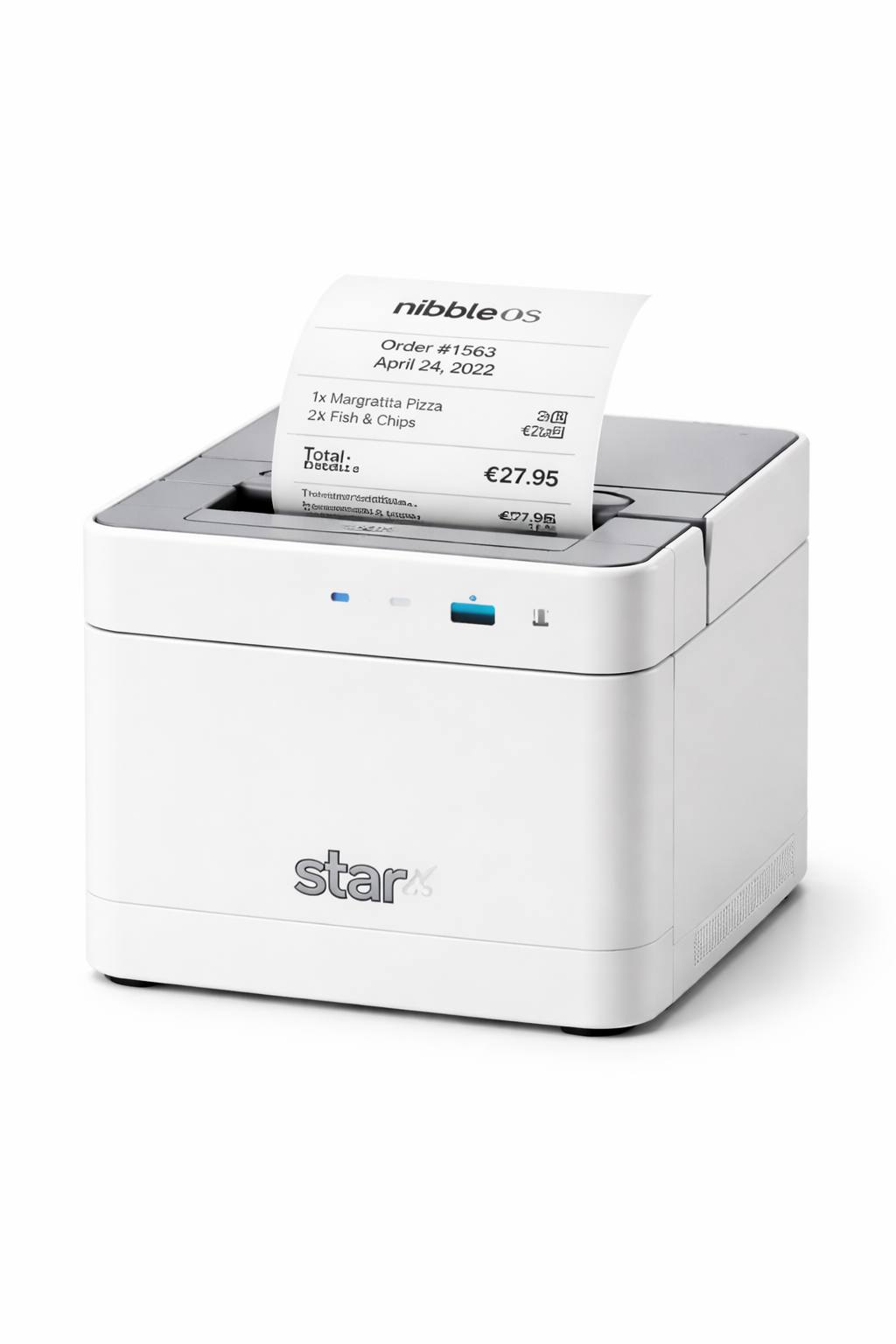 Star mC-Print3 receipt printer printing a NibbleOS order receipt