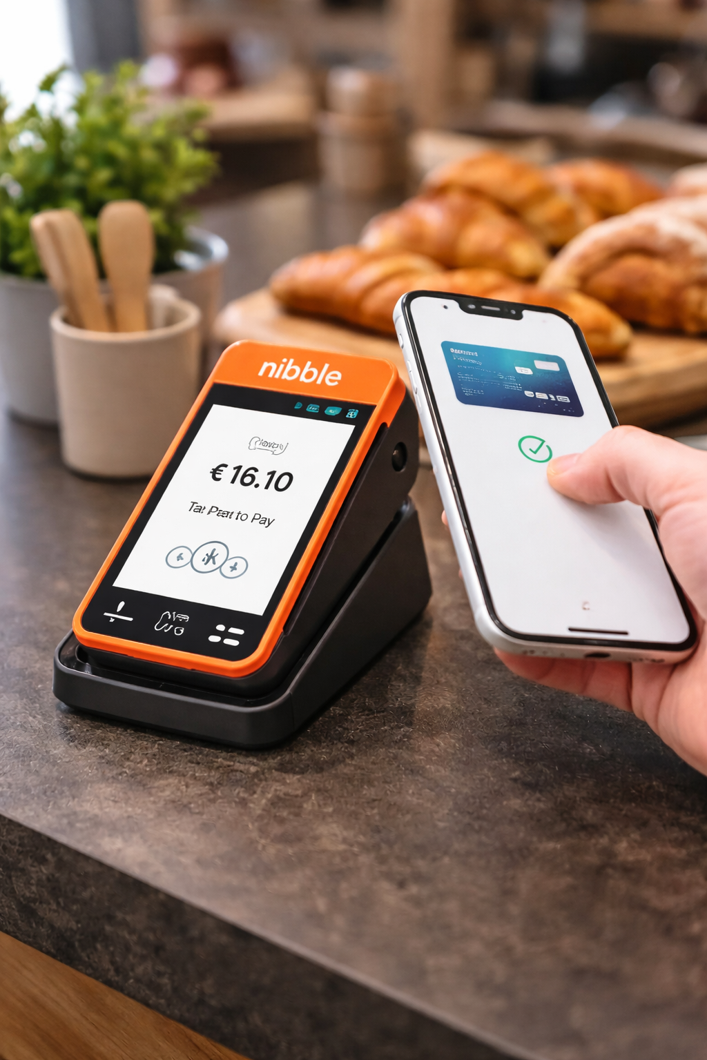 Nibble POS terminal on a cafe counter accepting a contactless phone payment with pastries in the background