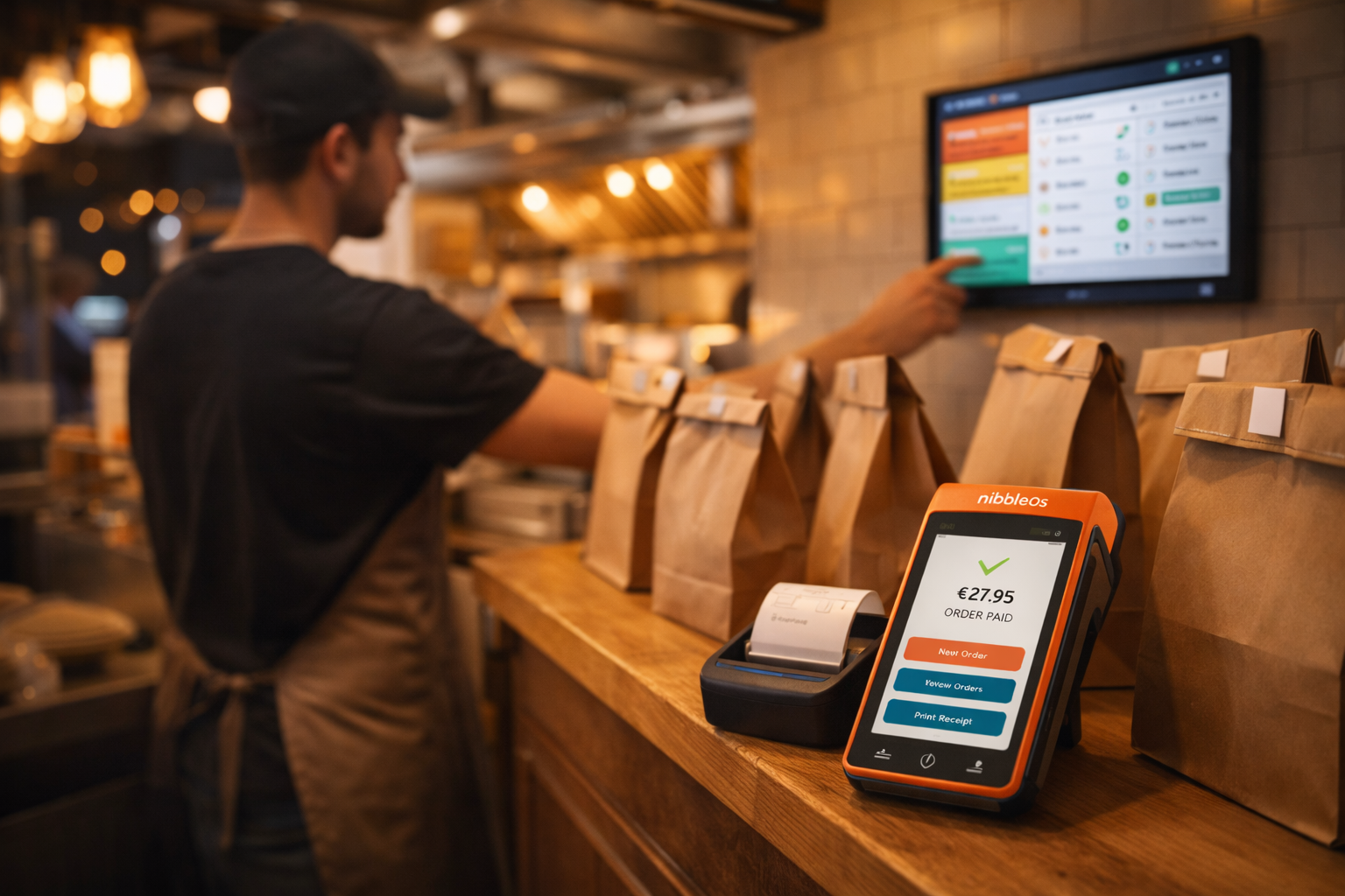Takeaway kitchen with a kitchen display screen showing active orders and a payment terminal beside delivery bags